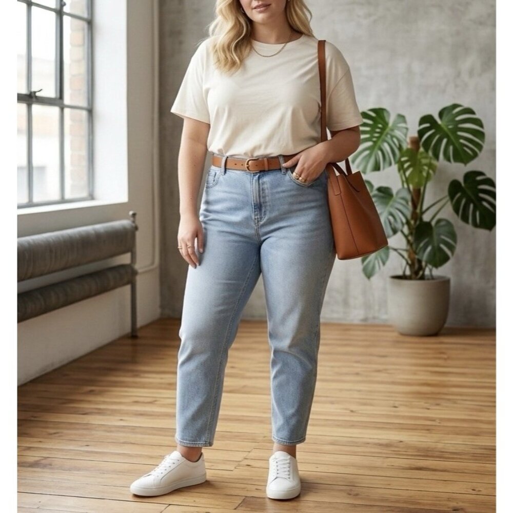 H&M Mom Jeans High Waist Ankle Length Size 18 Stretch Comfort Light Blue NWT